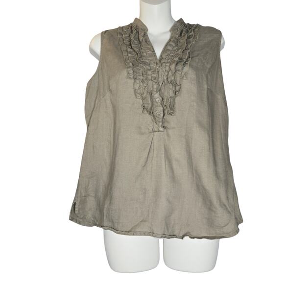 Richard Malcolm Women Medium 100% Linen Top Casual Neutral Ruffle Taupe Vacation - Picture 1 of 9